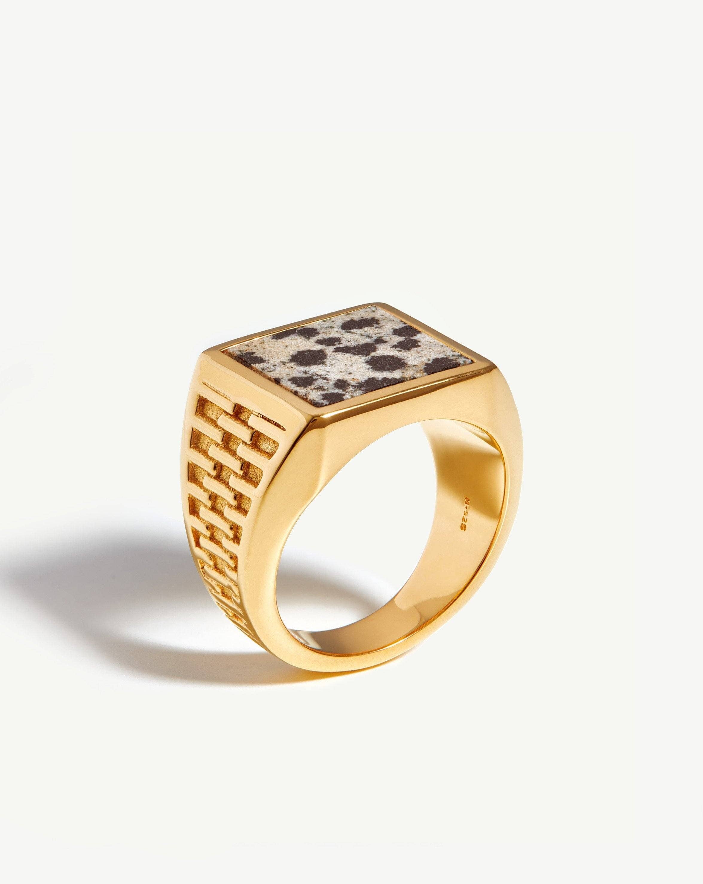 Fused Woven Gemstone Square Signet Ring | 18ct Gold Plated Vermeil/Dalmation Jasper Rings Missoma 