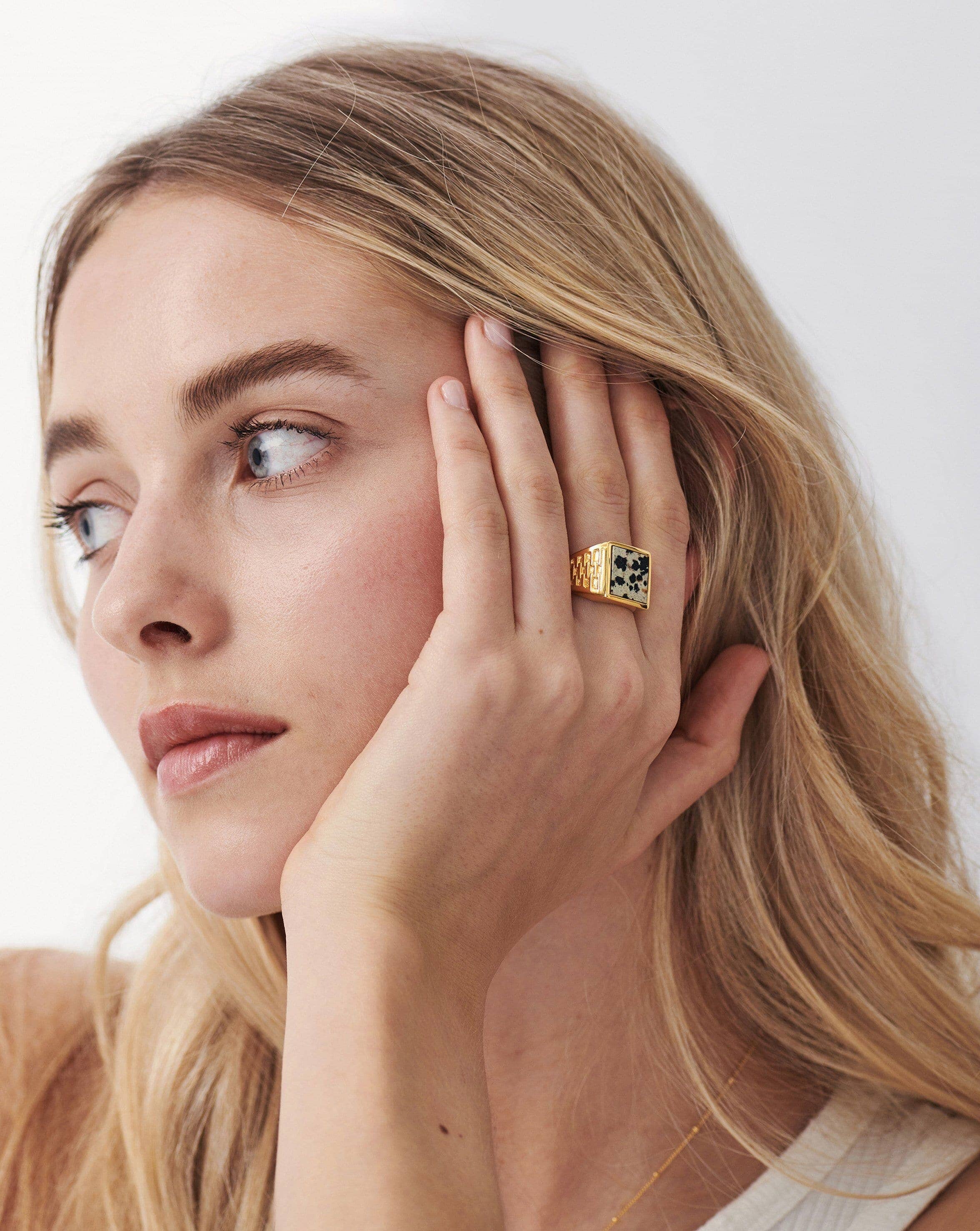 Fused Woven Gemstone Square Signet Ring | 18ct Gold Plated Vermeil/Dalmation Jasper Rings Missoma 