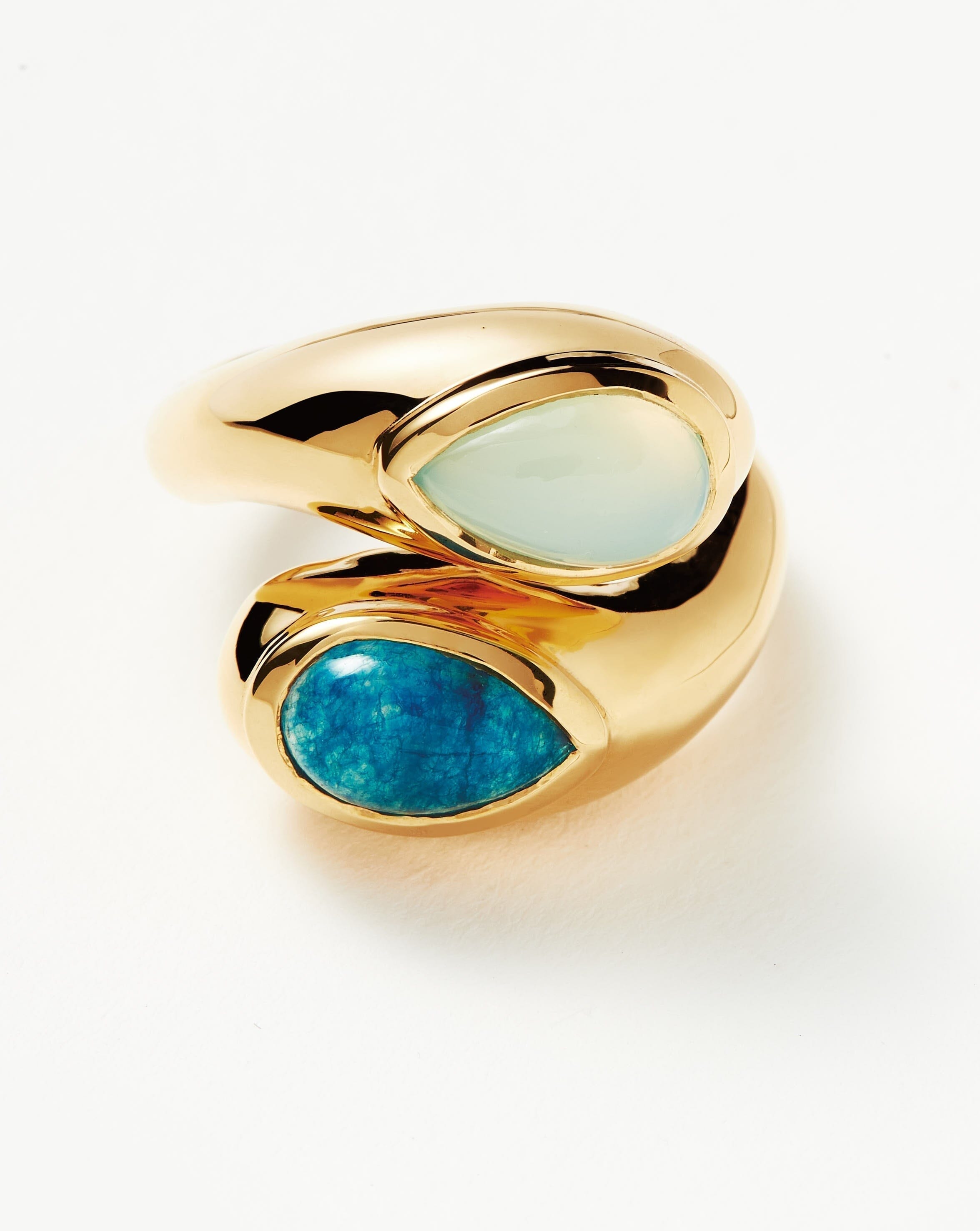 Good Vibes Double Gemstone Crossover Ring | 18ct Gold Plated/Petrol Blue  Quartz & Aqua Chalcedony