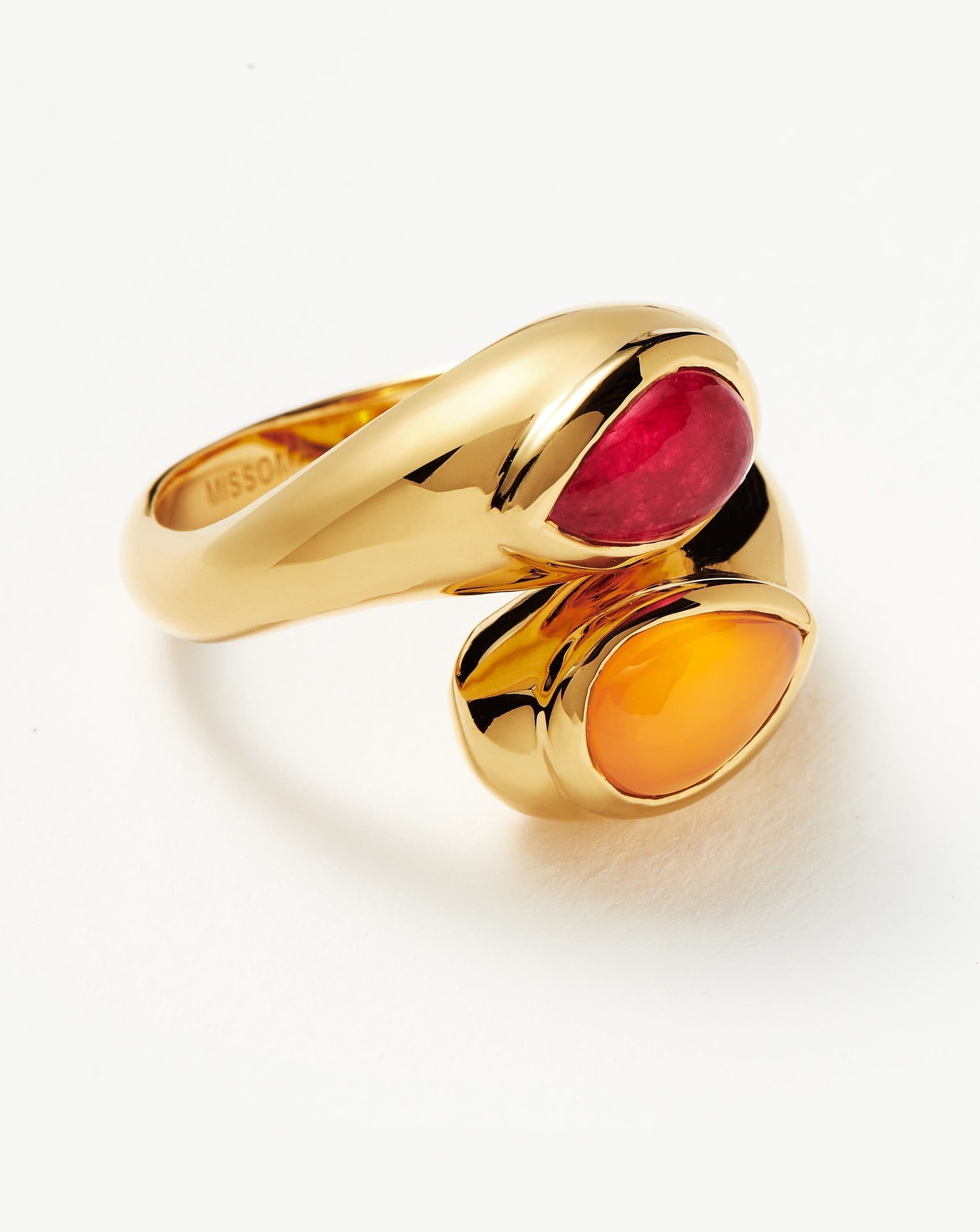 Good Vibes Double Gemstone Crossover Ring | 18ct Gold Plated/Pink Quartz & Peach Chalcedony Rings Missoma 