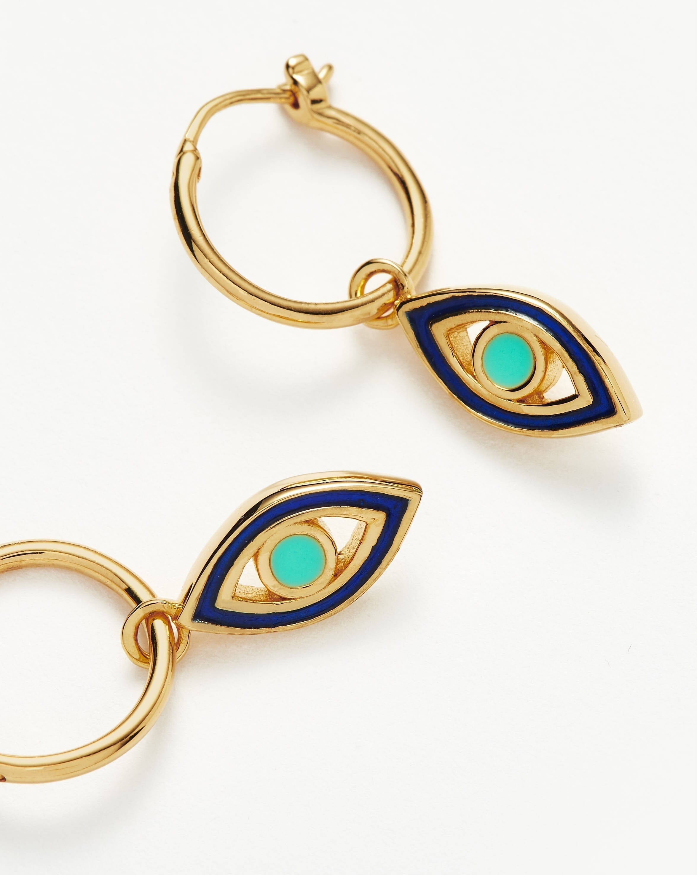 Good Vibes Enamel Evil Eye Mini Charm Hoop Earrings | 18ct Gold Plated Vermeil/Aqua & Navy Earrings Missoma 