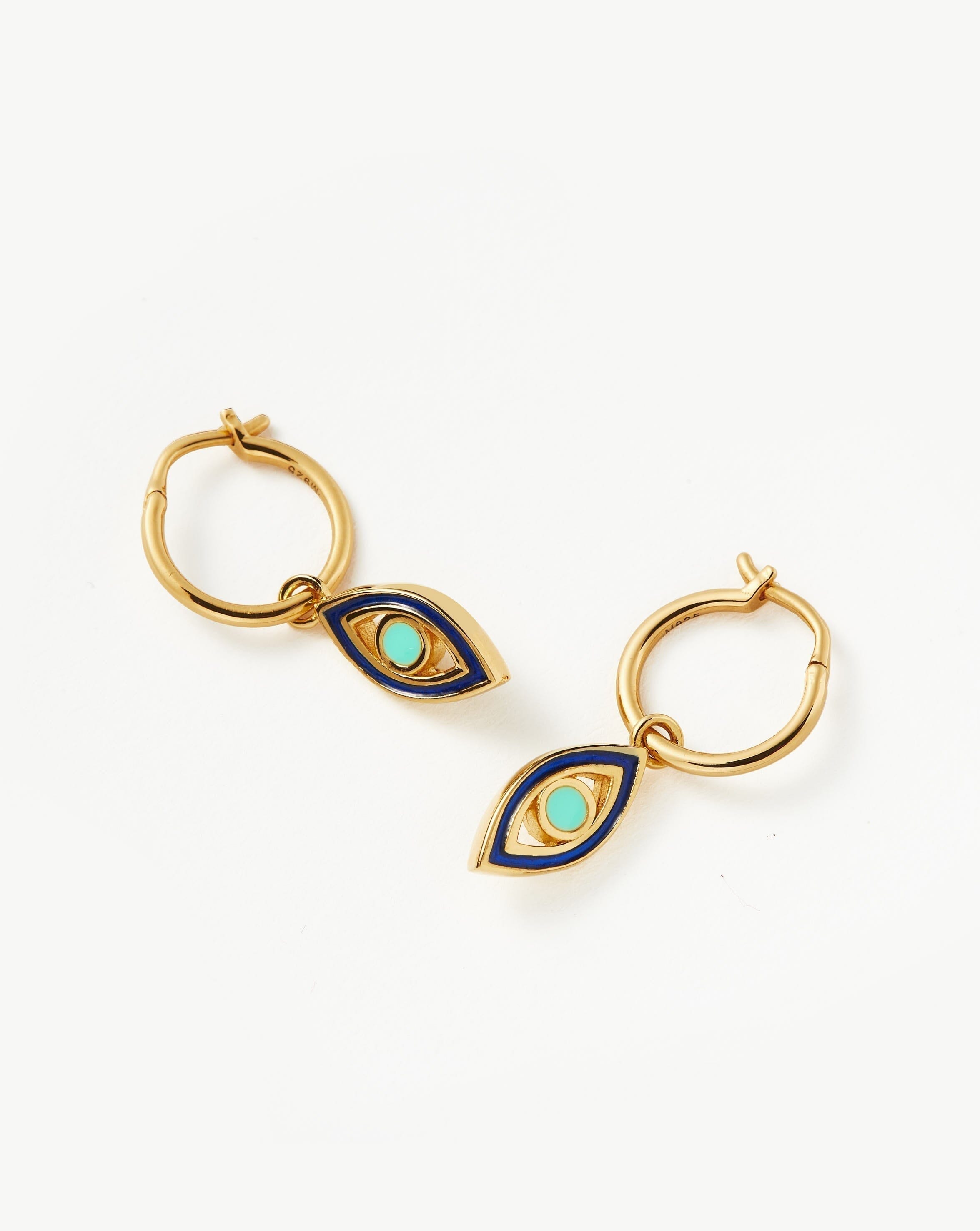 Good Vibes Enamel Evil Eye Mini Charm Hoop Earrings | 18ct Gold Plated Vermeil/Aqua & Navy Earrings Missoma 