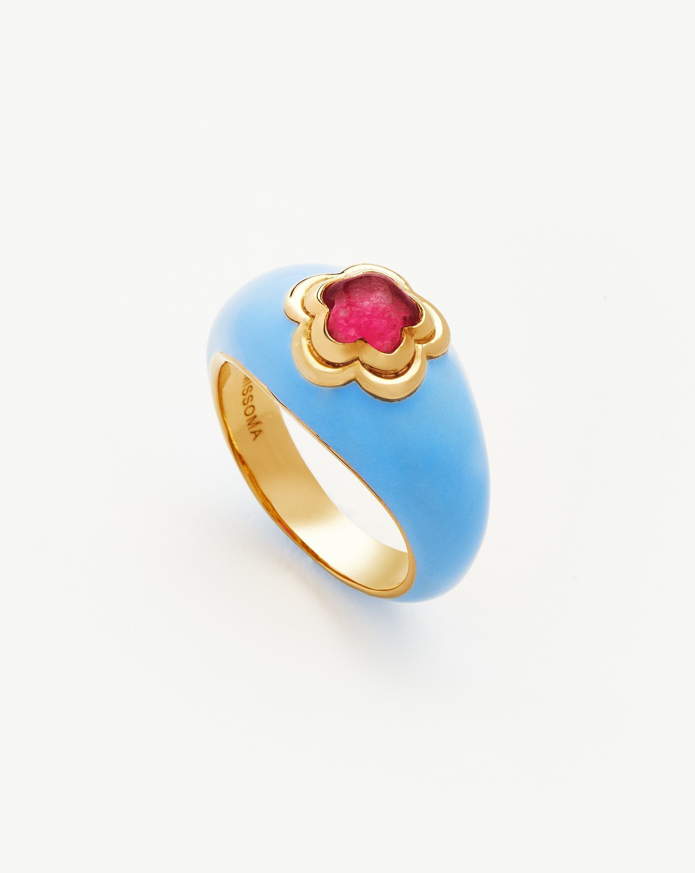 Good Vibes Enamel Flower Gemstone Ring | 18ct Gold Plated/Blue Rings Missoma 