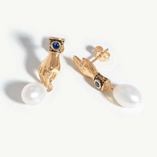 Harris Reed Fine Handpicked Drop Earrings | 14ct Solid Gold/Pearl & Blue Sapphire Earrings Missoma 