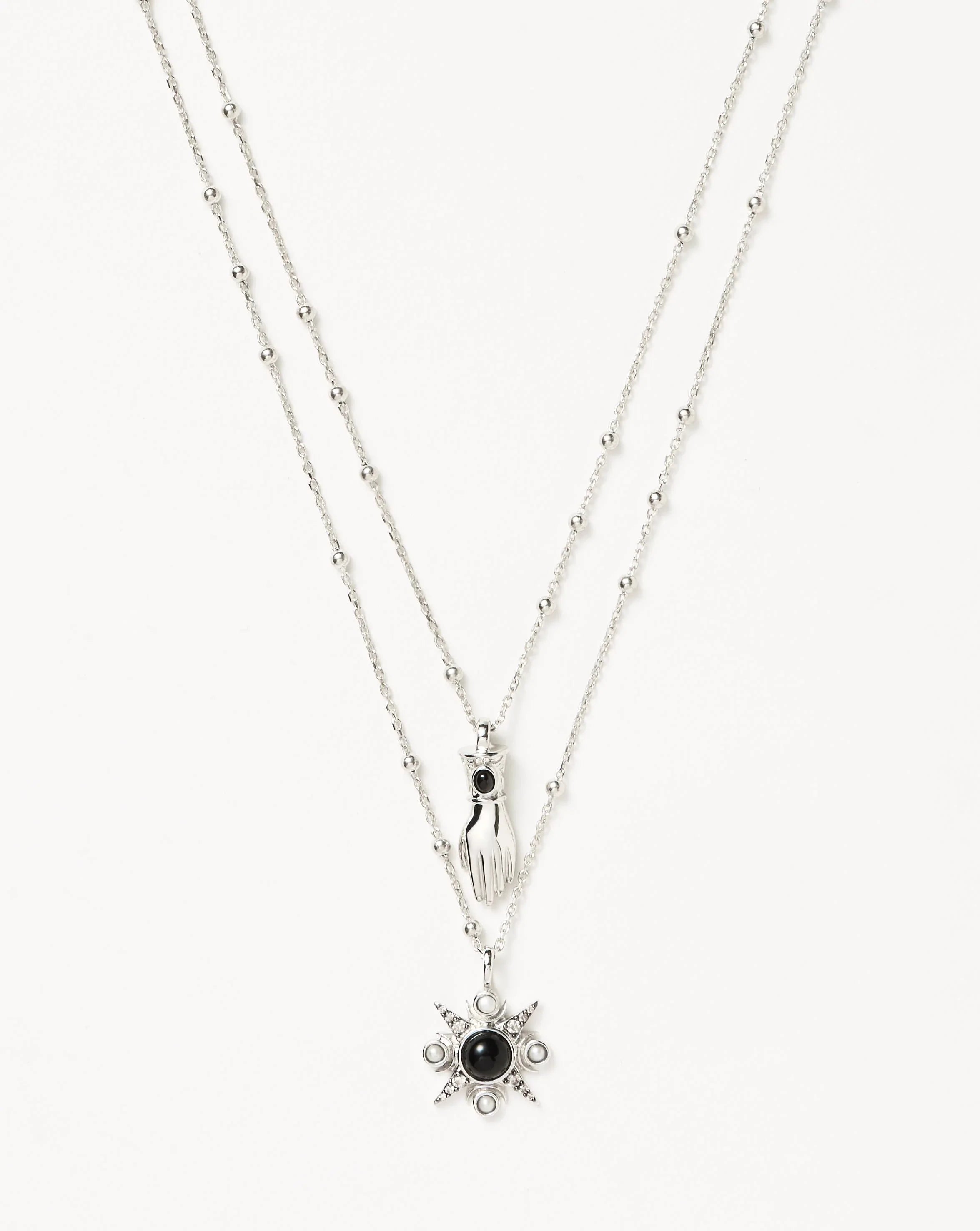 Harris Reed Handpicked Double Chain Pendant Necklace | Silver Plated/Pearl & Onyx Necklaces Missoma 