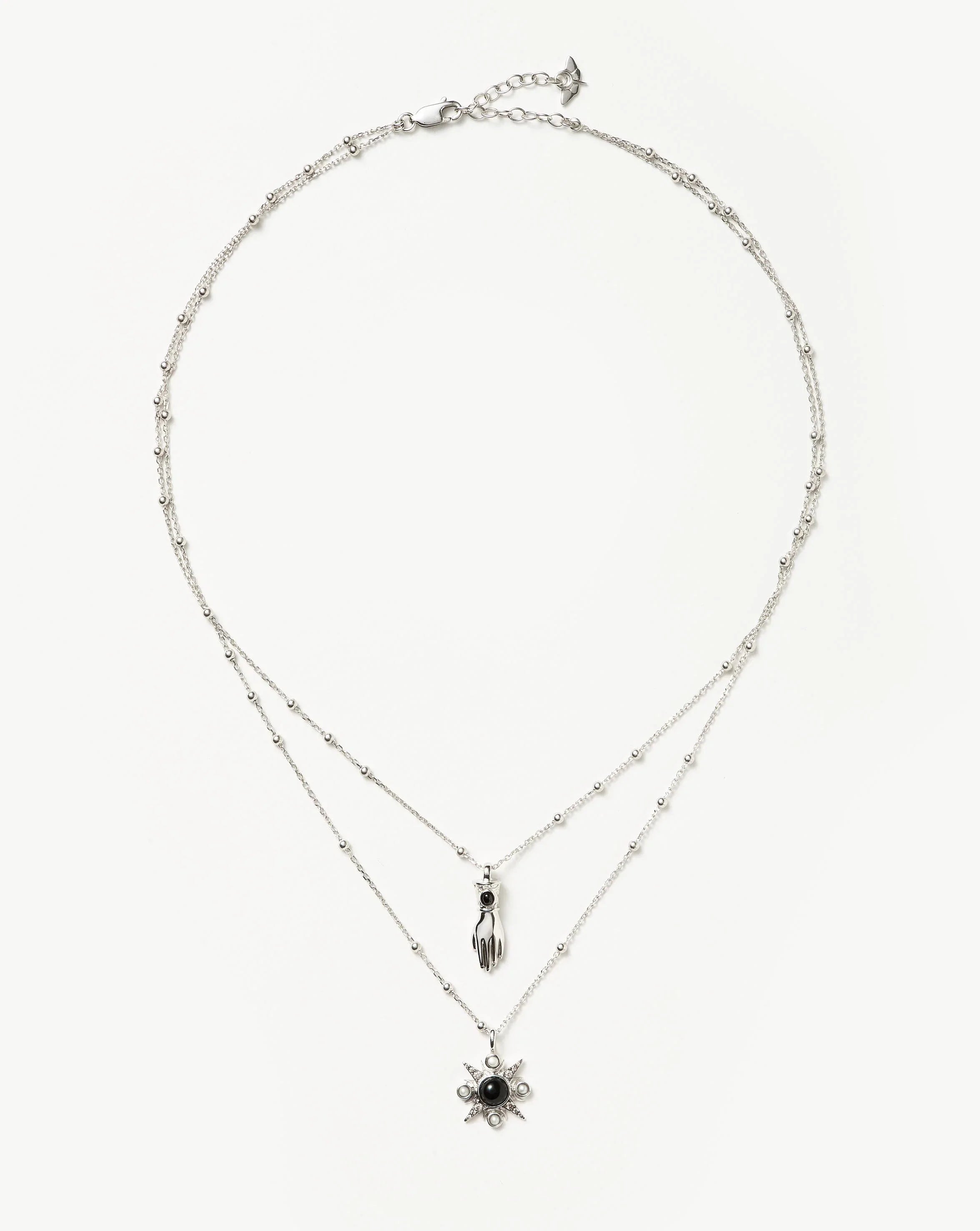 Harris Reed Handpicked Double Chain Pendant Necklace | Silver Plated/Pearl & Onyx Necklaces Missoma Silver Plated/Pearl & Onyx 