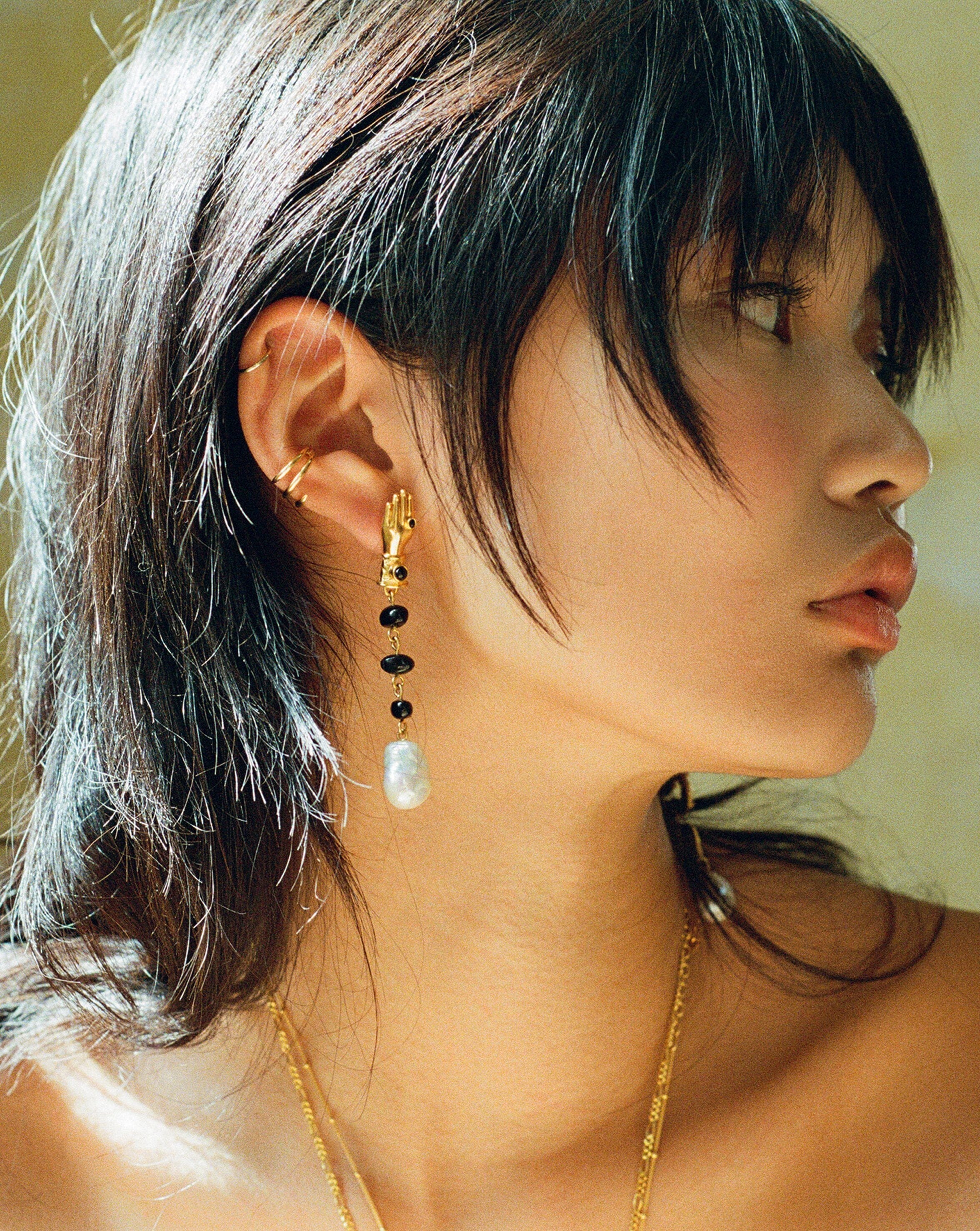 Harris Reed Handpicked Serpent Earrings | 18ct Gold Plated/Pearl & Black Onyx Earrings Missoma 