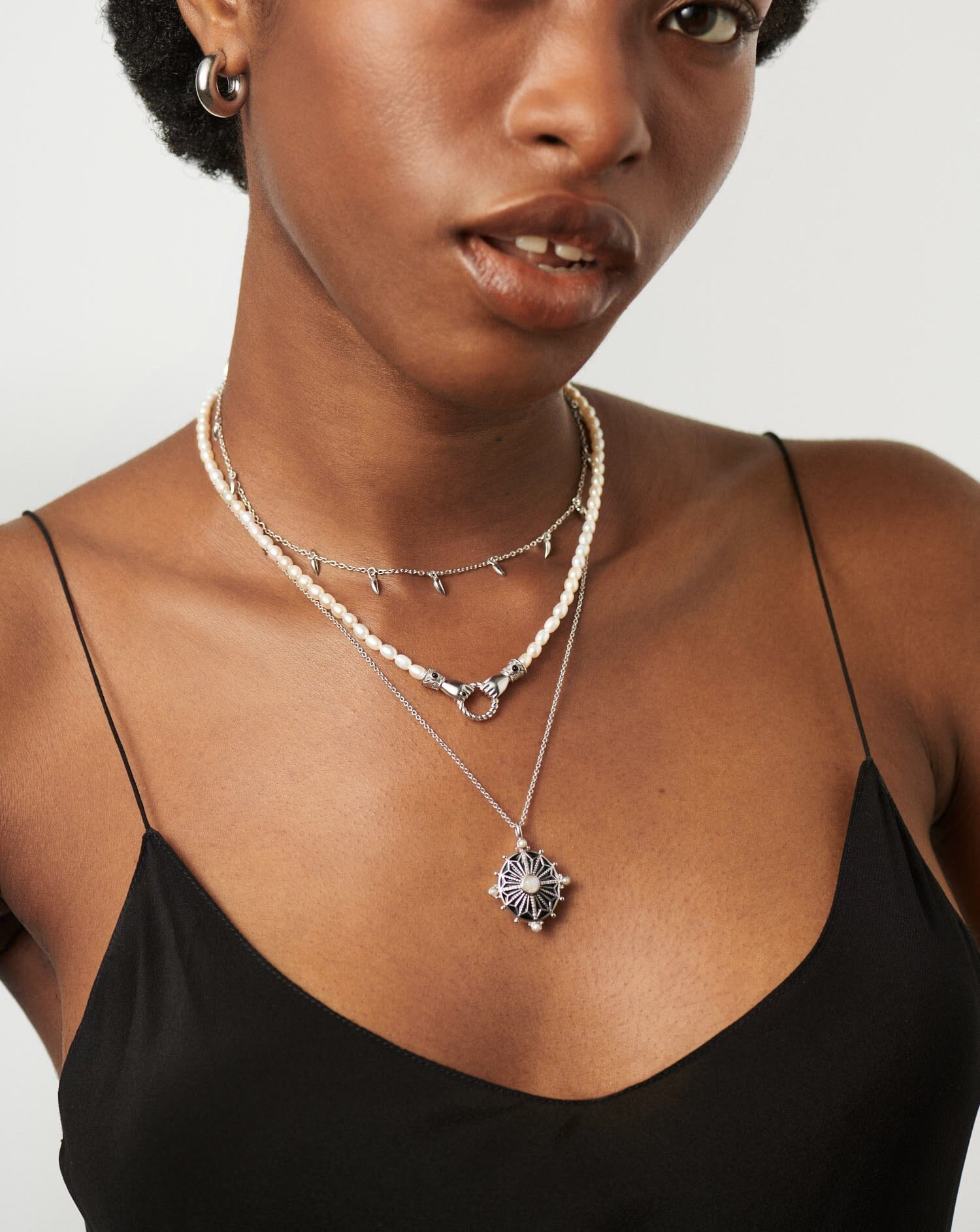 Harris Reed Ornate Locket Necklace | Silver Plated/Pearl & Rainbow Moonstone
