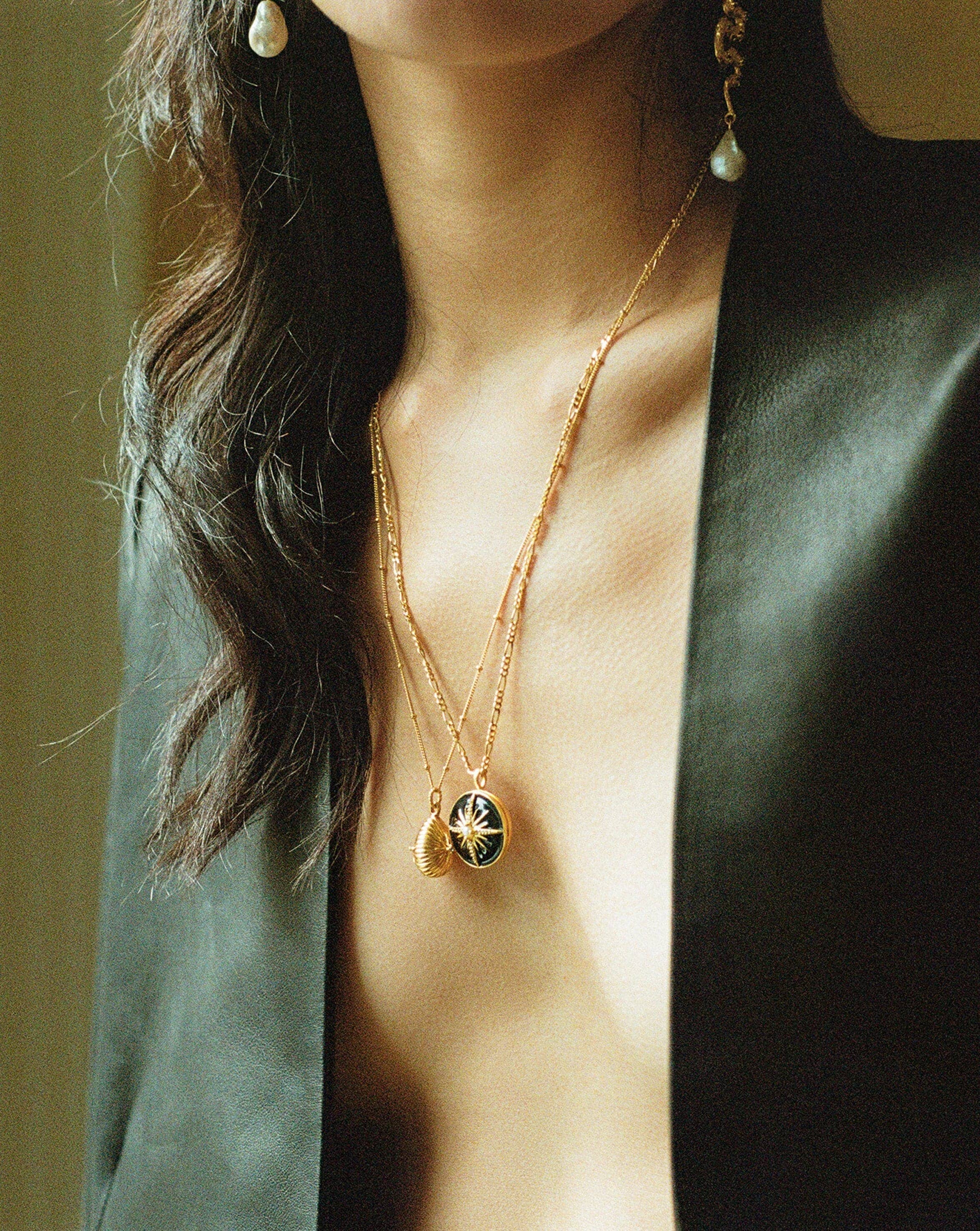 Harris Reed Rising Star Locket Necklace | 18ct Gold Plated/Pearl & Black  Enamel
