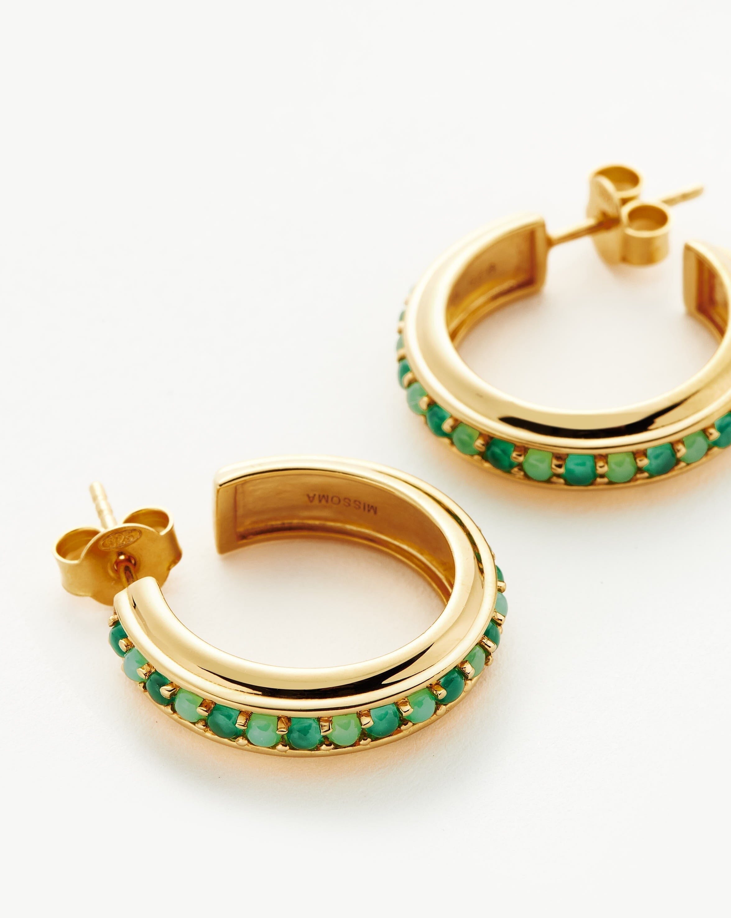 Hot Rox Gemstone Medium Hoop Earrings | 18ct Gold Plated Vermeil/Green Onyx & Chalcedony Earrings Missoma 