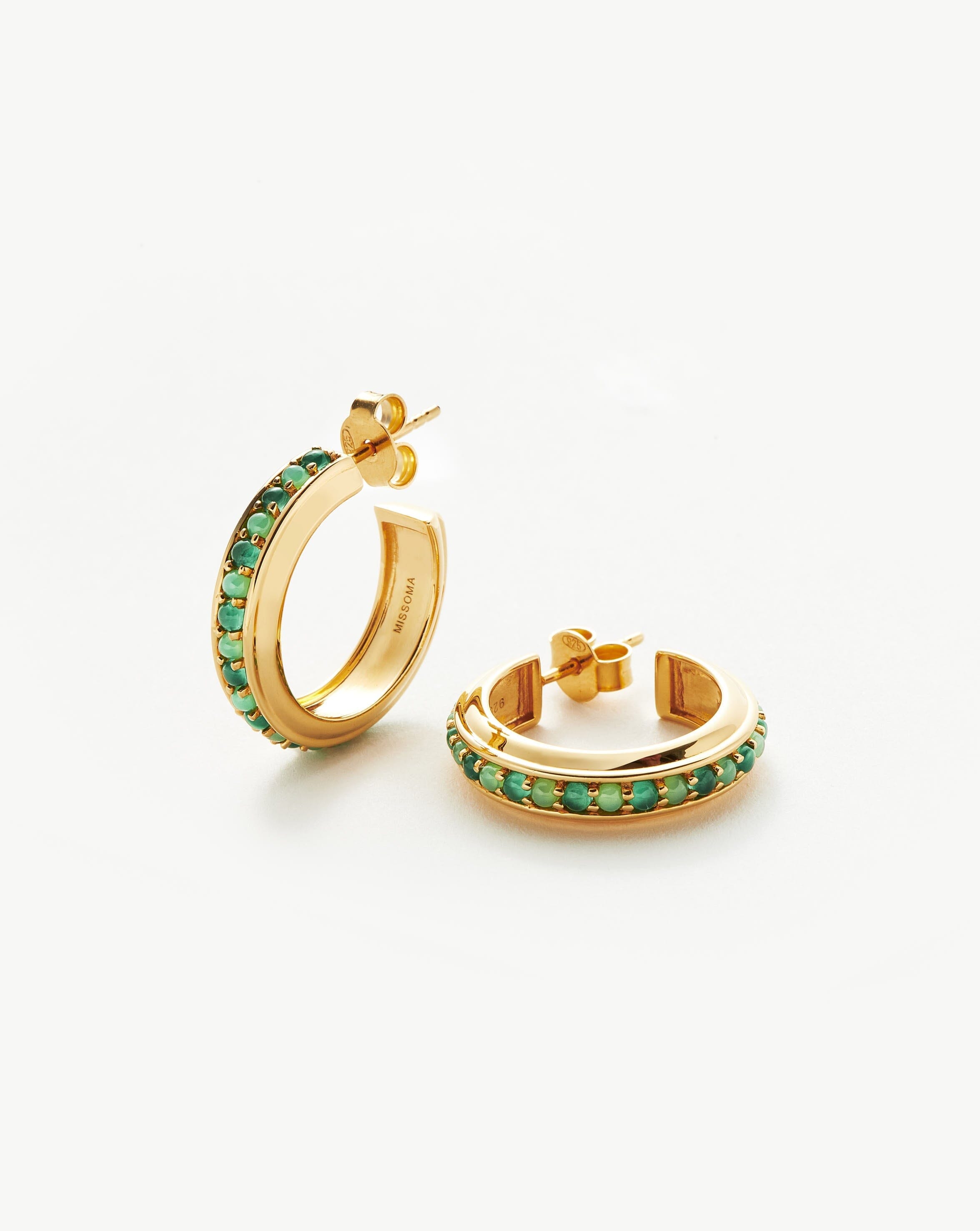 Hot Rox Gemstone Medium Hoop Earrings | 18ct Gold Plated Vermeil/Green Onyx & Chalcedony Earrings Missoma 