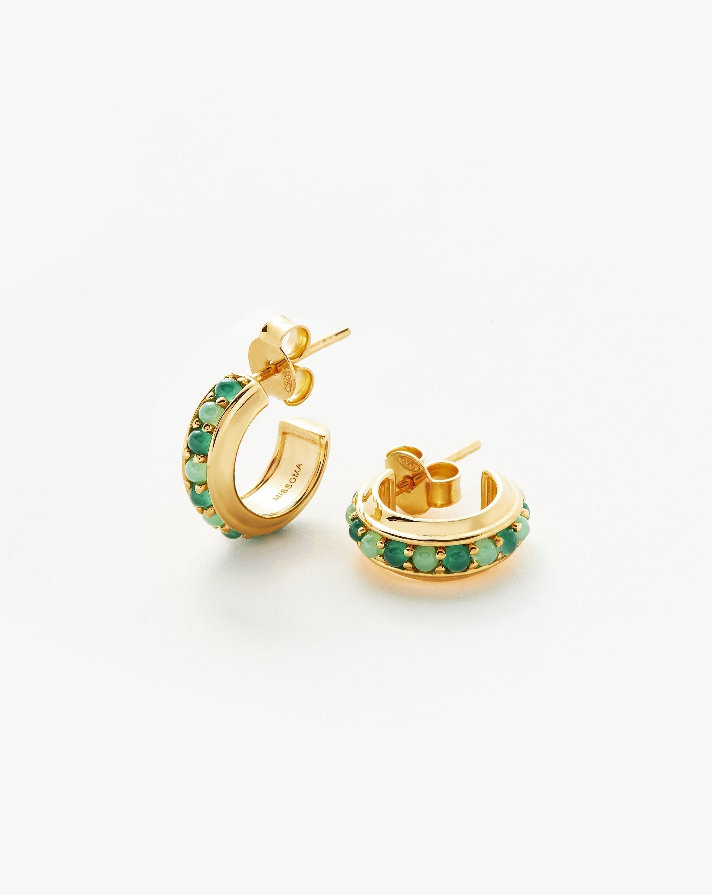 Hot Rox Gemstone Mini Hoop Earrings | 18ct Gold Plated Vermeil/Green Onyx & Chalcedony Earrings Missoma 