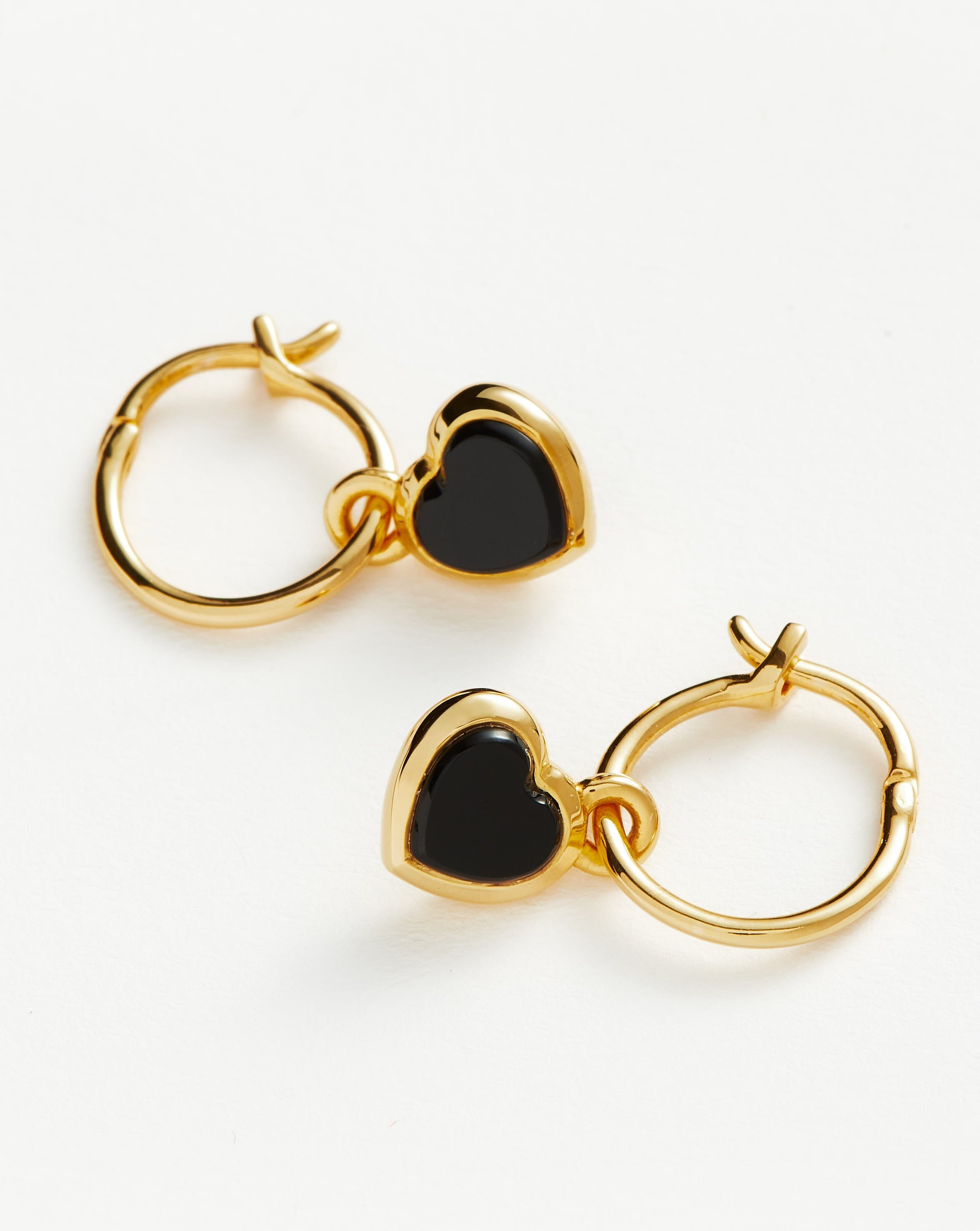 Jelly Heart Gemstone Charm Hoop Earrings | 18ct Gold Plated/Black Onyx
