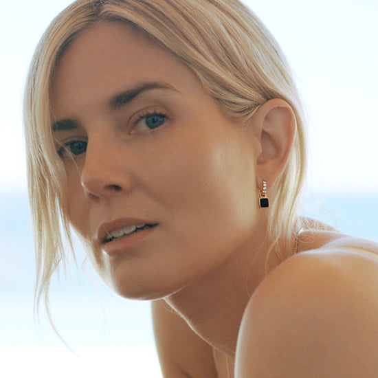 Lucy Williams Square Black Onyx Charm Mini Hoop Earrings | 18ct Gold Plated Vermeil/Black Onyx Earrings Missoma 