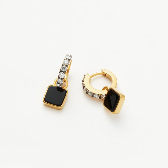 Lucy Williams Square Black Onyx Charm Mini Hoop Earrings | 18ct Gold Plated Vermeil/Black Onyx Earrings Missoma 