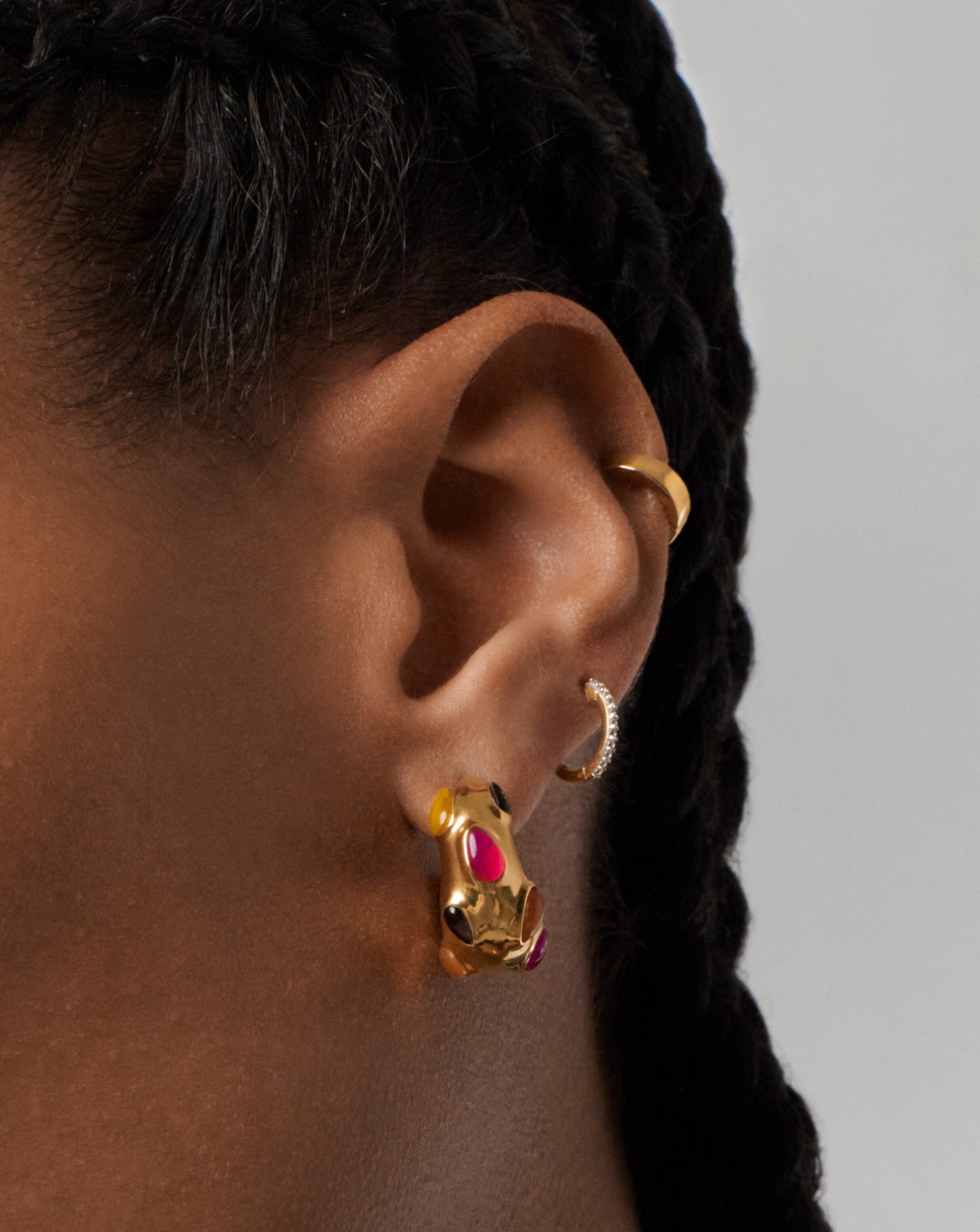 Molten Gemstone Chubby Small Hoop Earrings | 18ct Gold Plated/Chalcedony & Quartz Earrings Missoma 