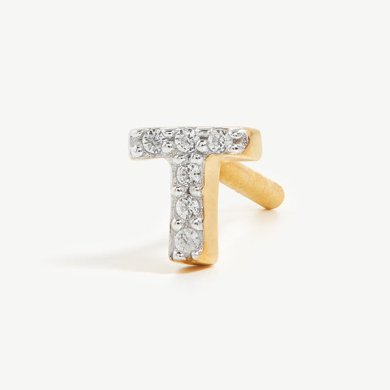 Pave Initial Single Stud Earring - Initial T | 18ct Gold Plated Vermeil/Cubic Zirconia Earrings Missoma 