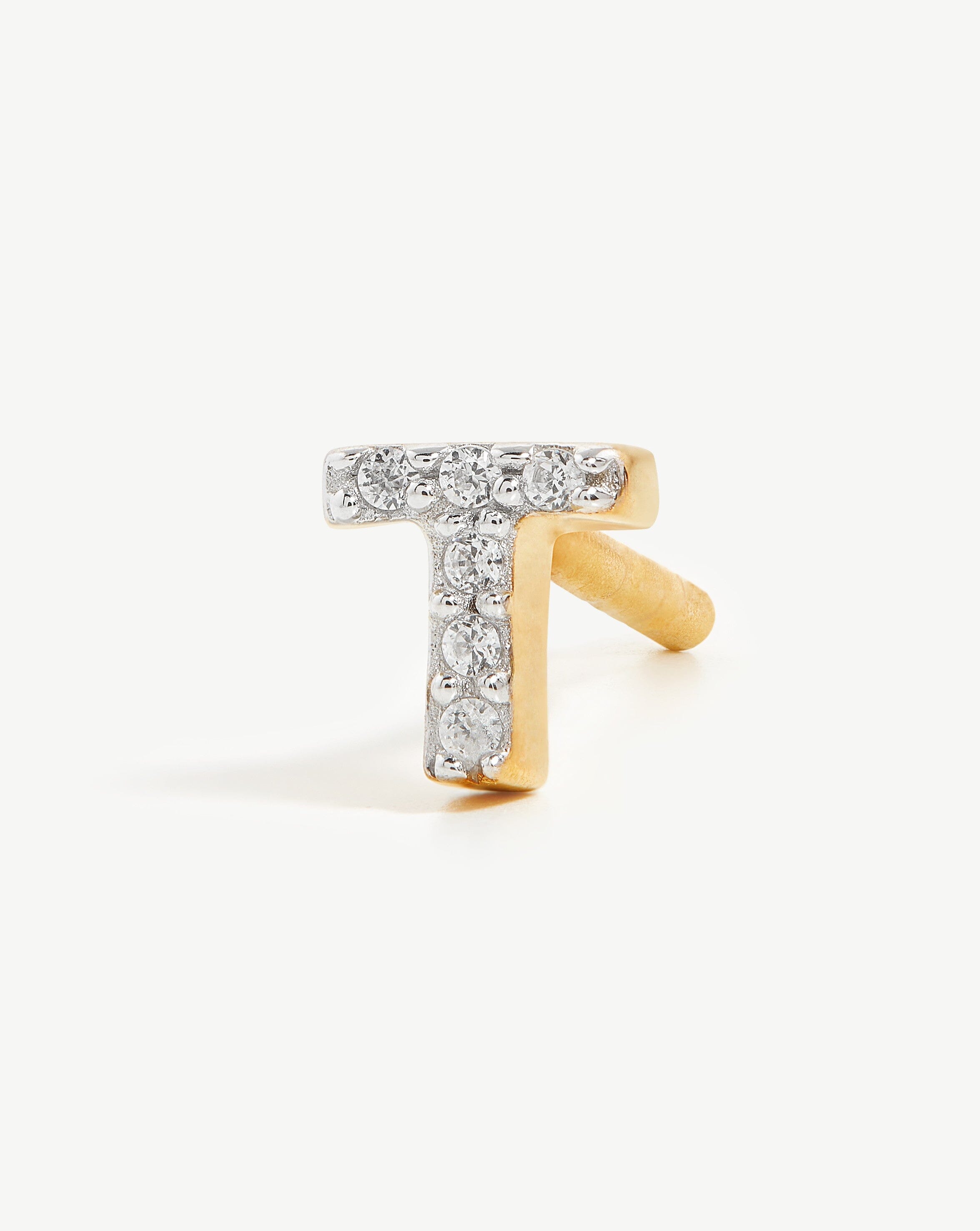 Pave Initial Single Stud Earring - Initial T | 18ct Gold Plated Vermeil/Cubic Zirconia Earrings Missoma 