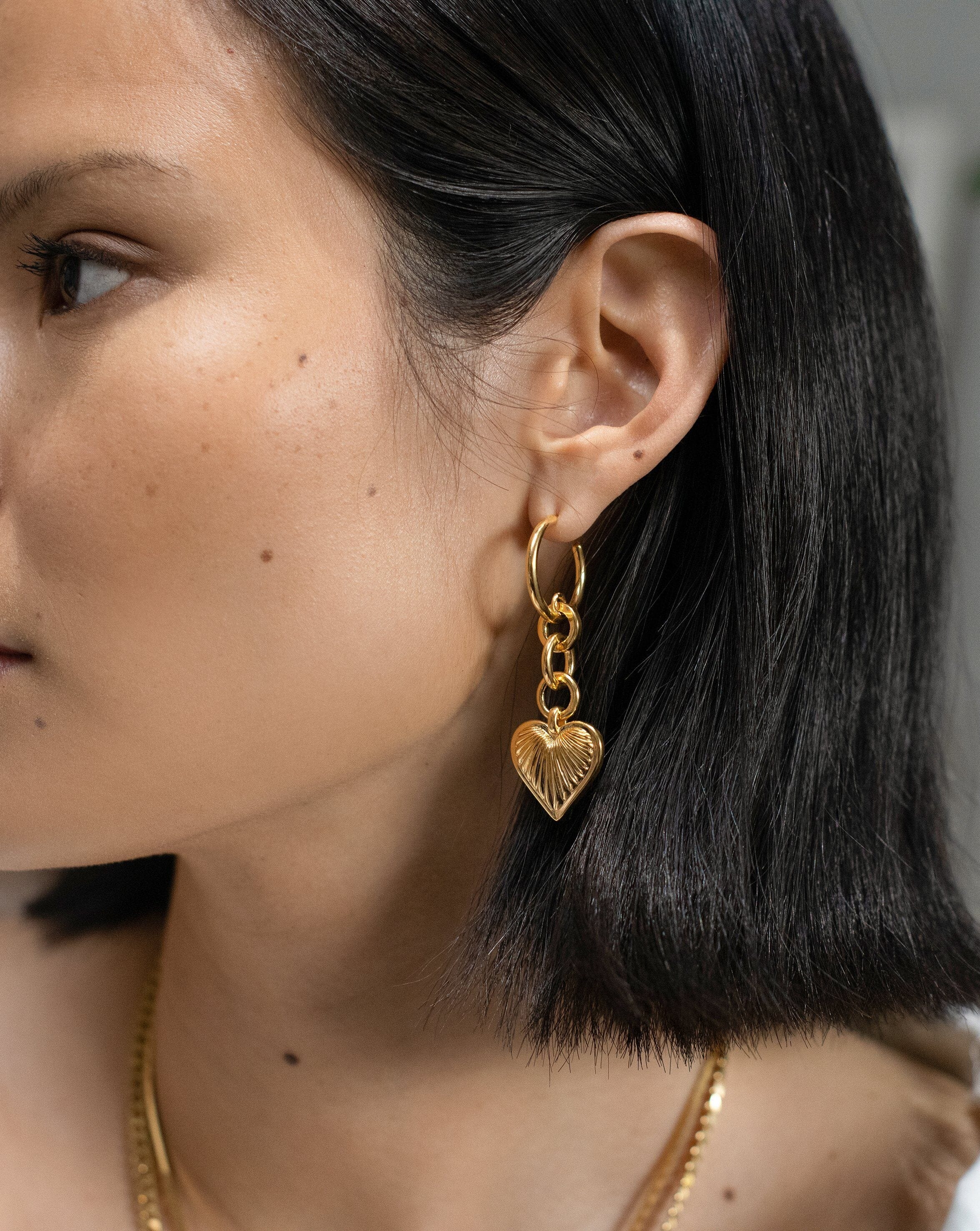 Ridge Heart Drop Hoop Earrings | 18ct Gold Plated Earrings Missoma 