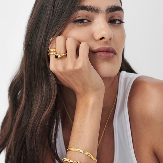 Savi Sculptural Gemstone Stacking Ring | 18ct Gold Plated Vermeil/Black Onyx Rings Missoma 