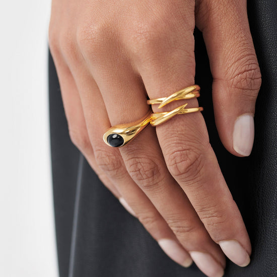 Savi Sculptural Gemstone Stacking Ring | 18ct Gold Plated Vermeil/Black Onyx Rings Missoma 