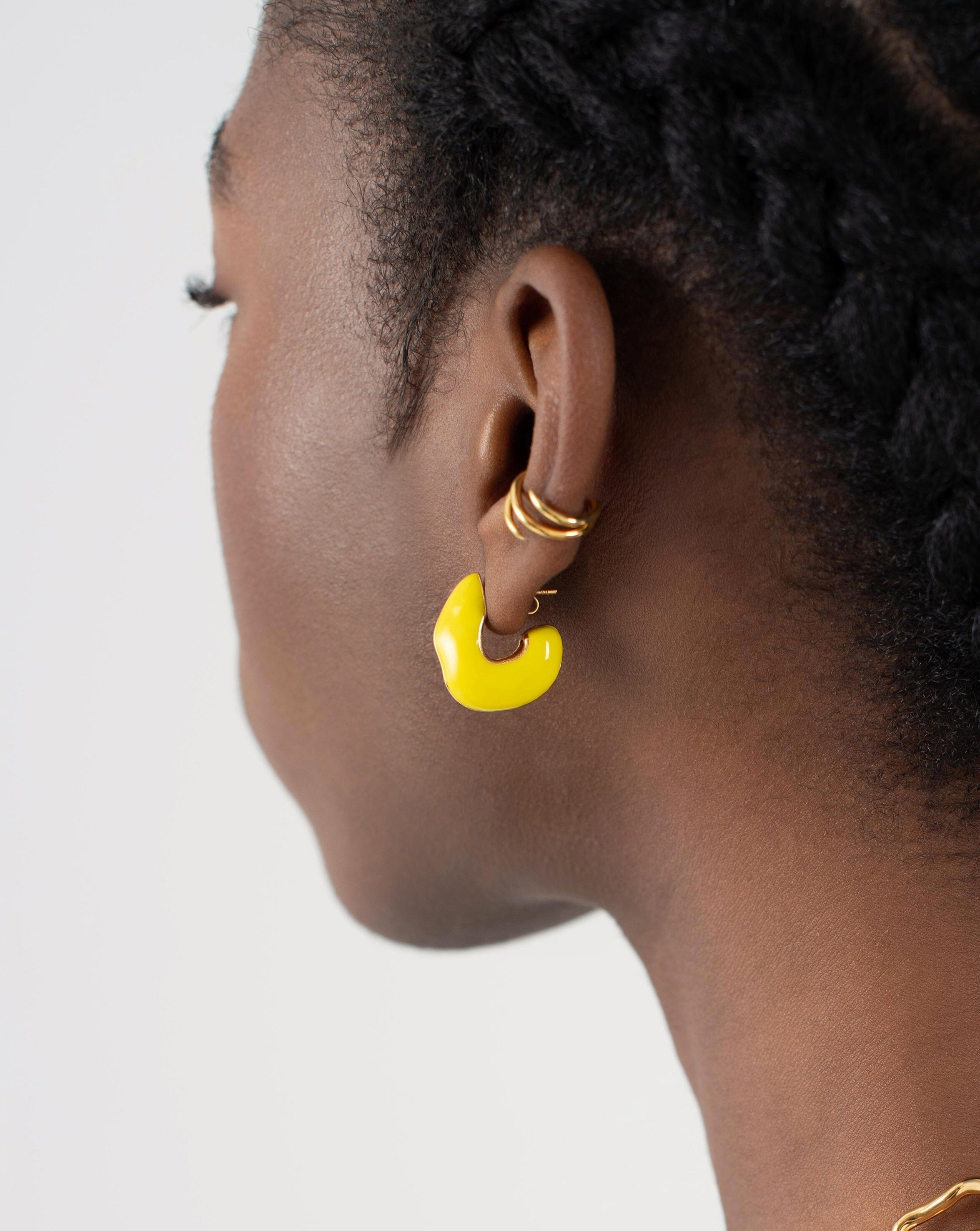 Squiggle Chubby Two Tone Enamel Hoop Earrings | 18ct Gold Plated, Lemon Yellow Earrings Missoma 