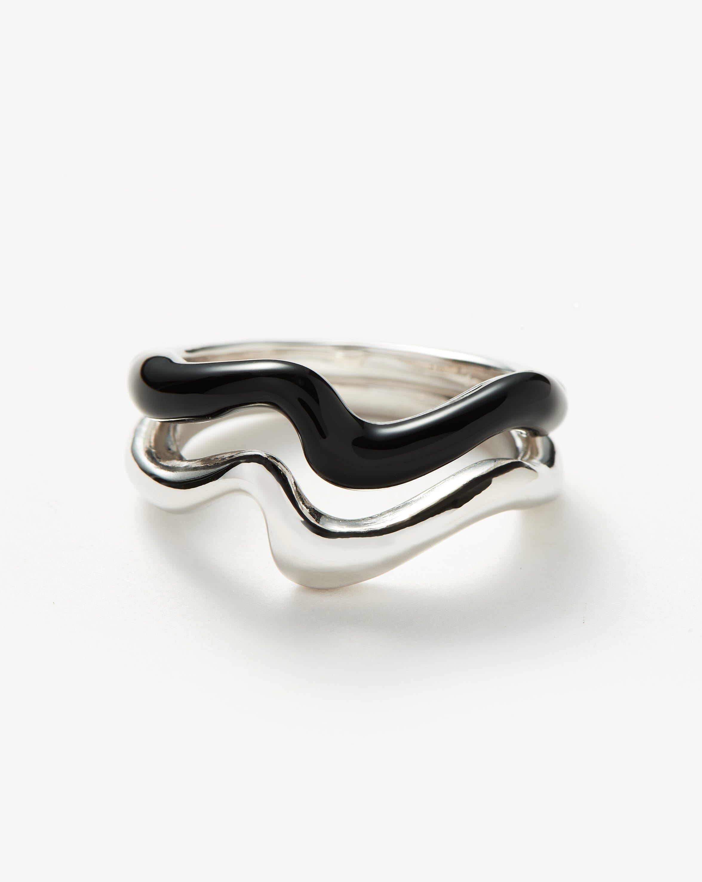 Squiggle Curve Two Tone Enamel Stacking Ring | Sterling Silver/Black Rings Missoma US Staging 
