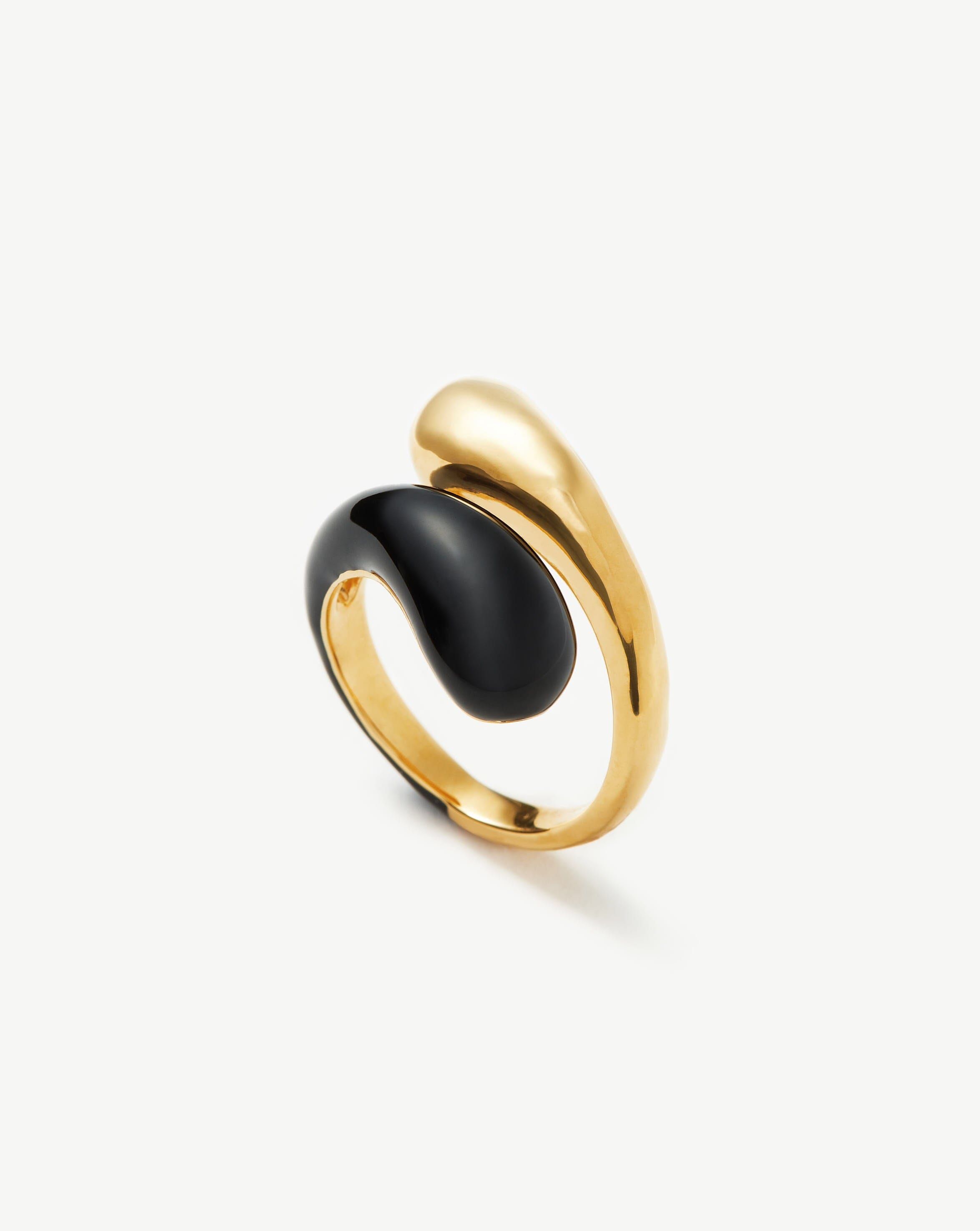 Squiggle Two Tone Enamel Crossover Ring | 18ct Gold Plated Vermeil/Black Rings Missoma US Staging 