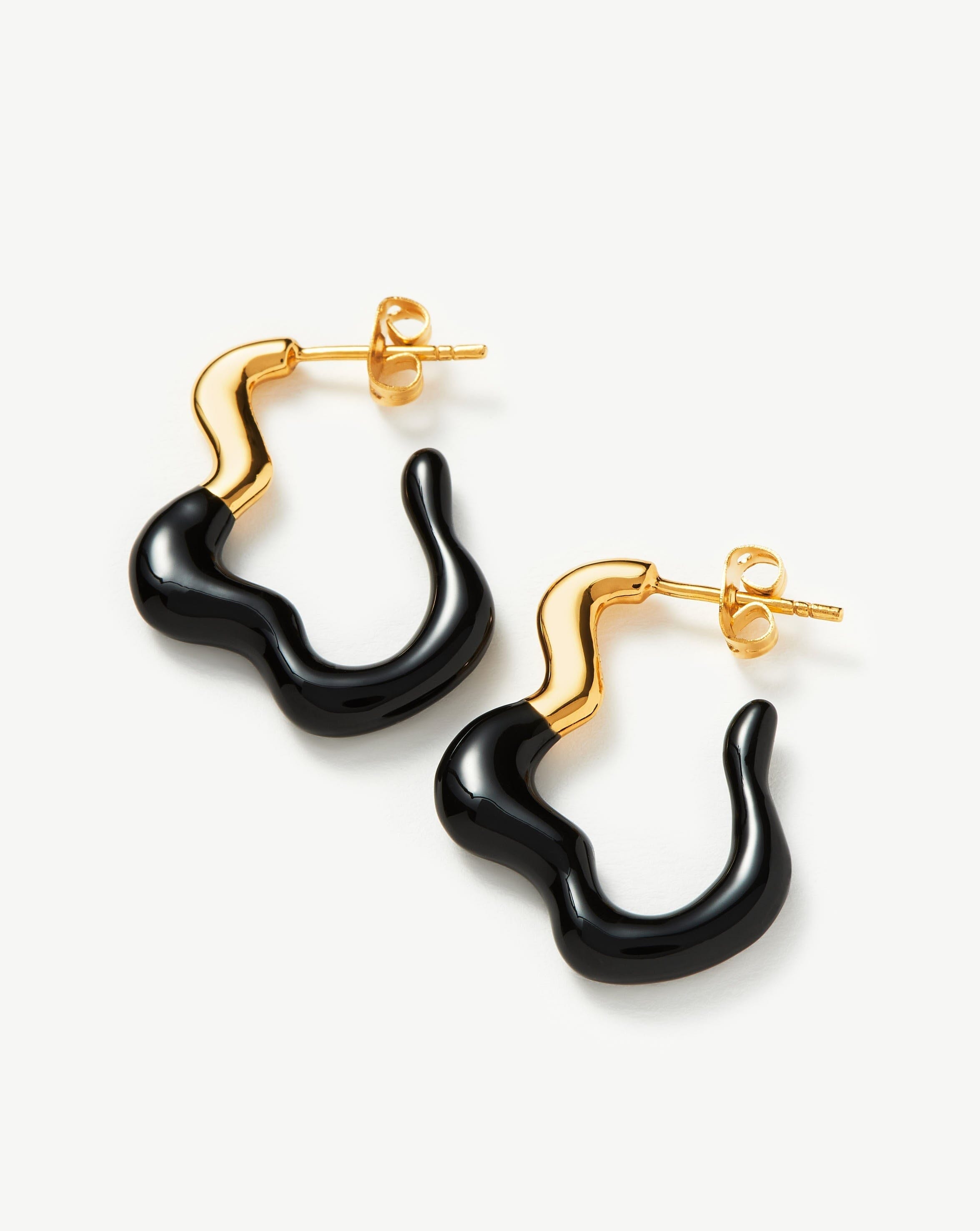 Squiggle Wavy Two Tone Enamel Hoop Earrings | 18ct Gold Plated/Black Earrings Missoma US Staging 